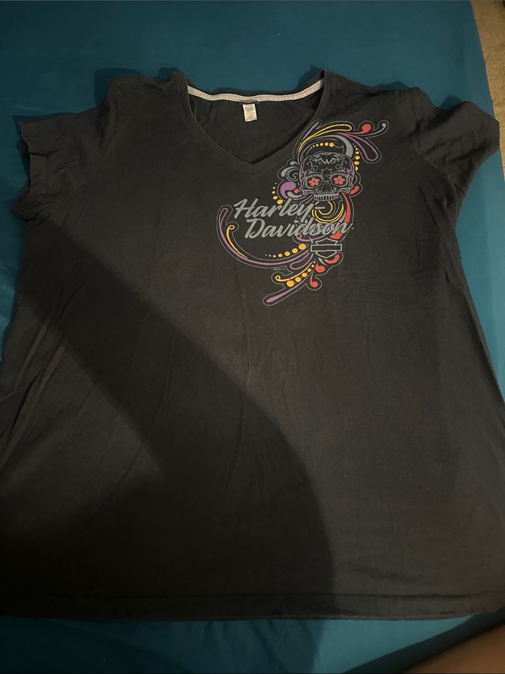 Harley-Davidson Black Tee with Multicolor Sugar Skull Accent
